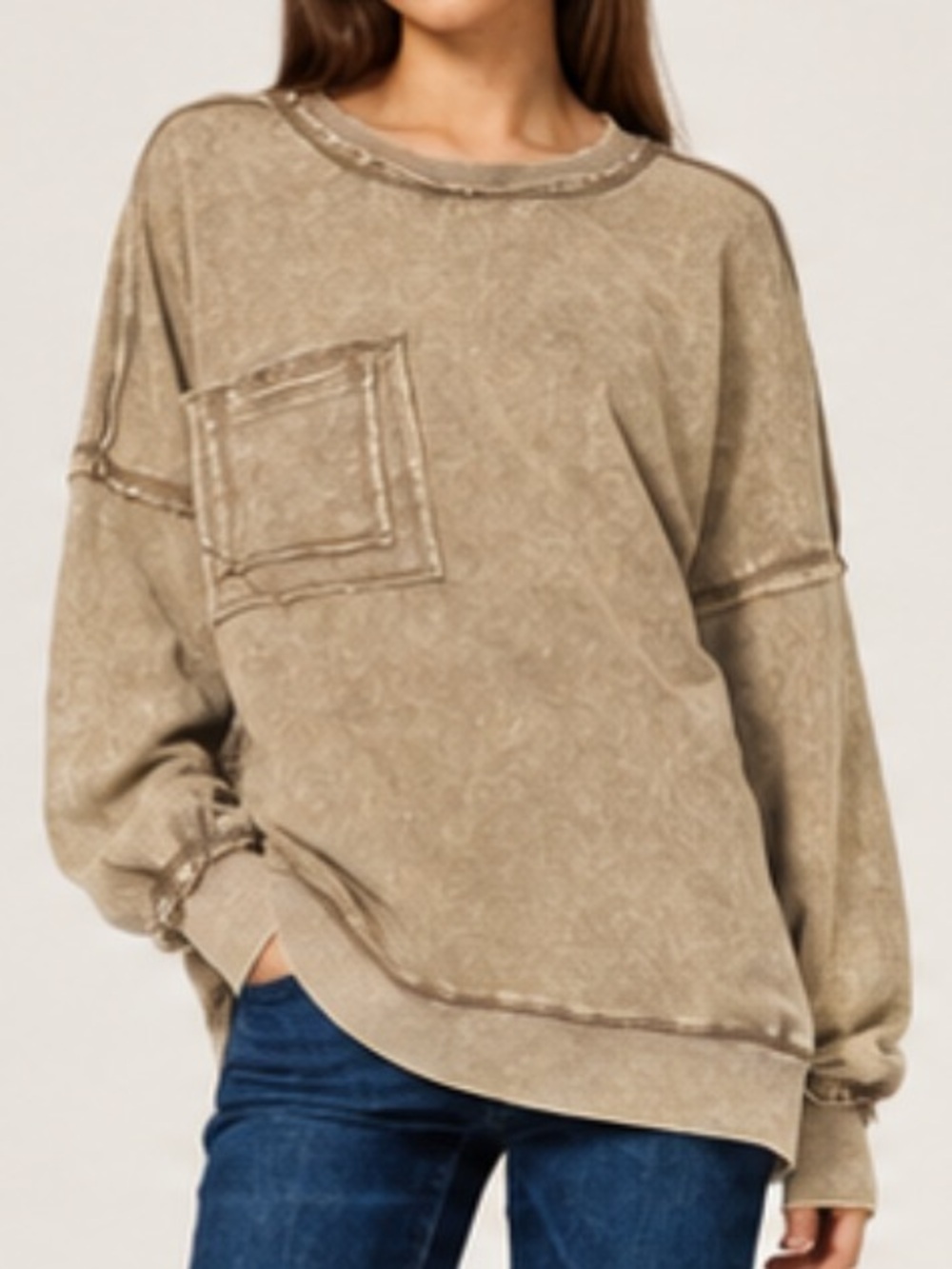 Zenana Front Pocket Acid Washed Raw Edge French Terry Pullover Size L